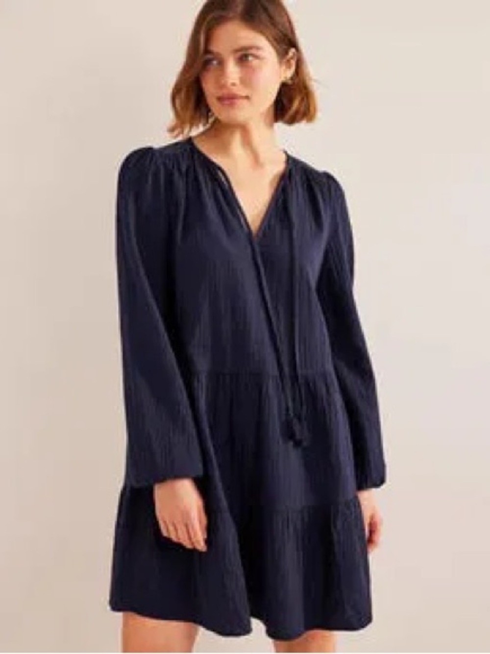 Boden navy blue Cheesecloth long sleeve mini dress size 8L long tall D0592 gauzy